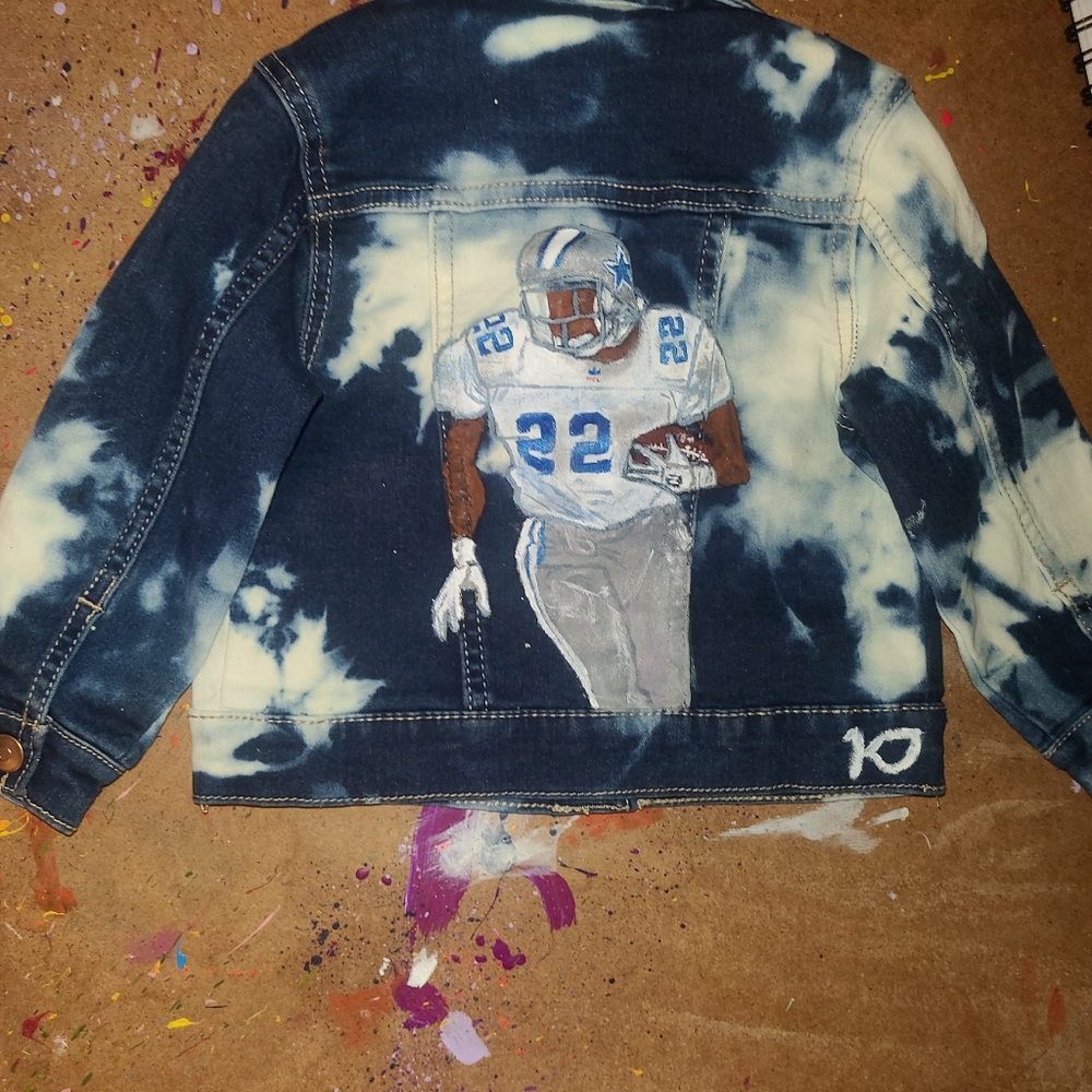 A custom bleached and paint toddler jean jacket